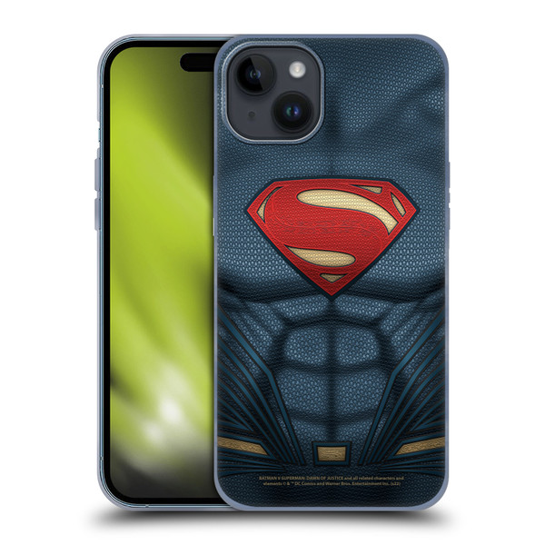 Batman V Superman: Dawn of Justice Graphics Superman Costume Soft Gel Case for Apple iPhone 15 Plus