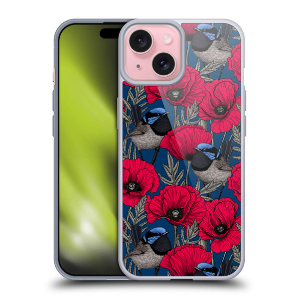 Katerina Kirilova Floral Patterns Fairy Wrens & Poppies Soft Gel Case for Apple iPhone 15