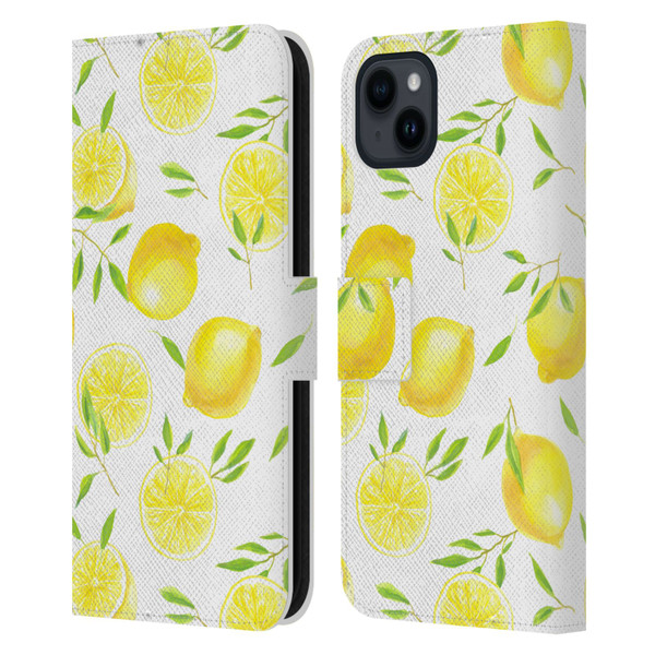 Katerina Kirilova Fruits & Foliage Patterns Lemons Leather Book Wallet Case Cover For Apple iPhone 15 Plus