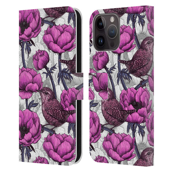 Katerina Kirilova Floral Patterns Wrens In Anemone Garden Leather Book Wallet Case Cover For Apple iPhone 15 Pro Max