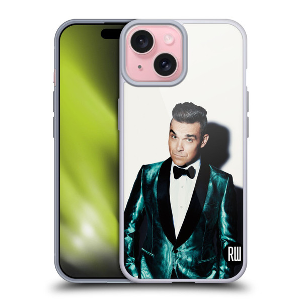 Robbie Williams Calendar White Background Soft Gel Case for Apple iPhone 15