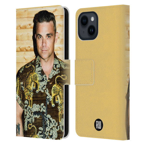 Robbie Williams Calendar Tiger Print Shirt Leather Book Wallet Case Cover For Apple iPhone 15