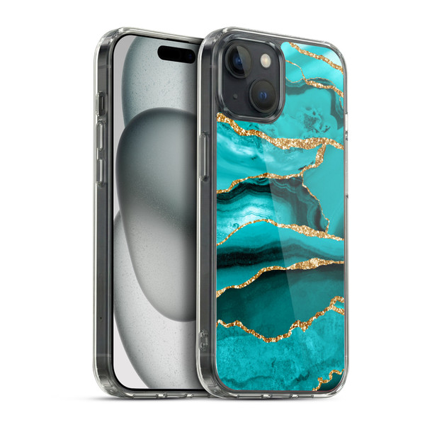 UtArt Malachite Emerald Aquamarine Gold Waves Soft Gel Case for Apple iPhone 15 Plus & MagSafe