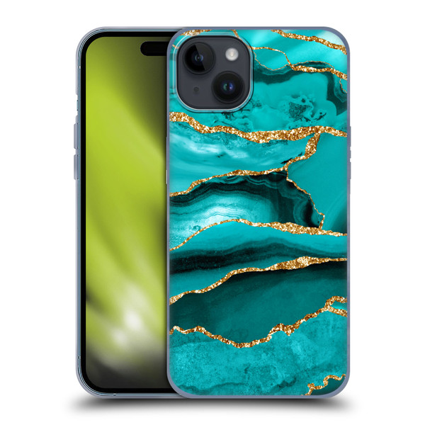 UtArt Malachite Emerald Aquamarine Gold Waves Soft Gel Case for Apple iPhone 15 Plus