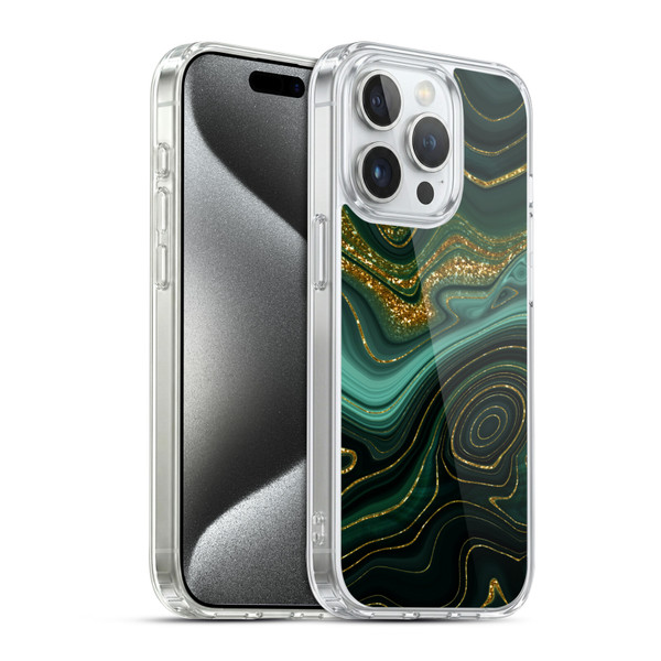 UtArt Malachite Emerald Gilded Teal Soft Gel Case for Apple iPhone 15 Pro & MagSafe