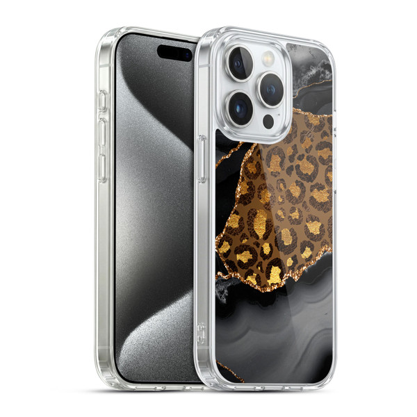 UtArt Wild Cat Marble Dark Gilded Leopard Soft Gel Case for Apple iPhone 15 Pro & MagSafe