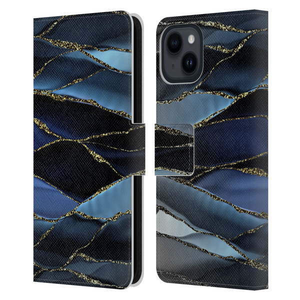 UtArt Dark Night Marble Deep Sparkle Waves Leather Book Wallet Case Cover For Apple iPhone 15