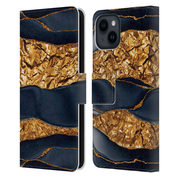 UtArt Dark Night Marble Gold Foil And Ink Leather Book Wallet Case Cover For Apple iPhone 15