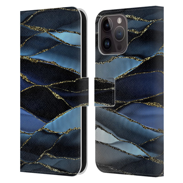 UtArt Dark Night Marble Deep Sparkle Waves Leather Book Wallet Case Cover For Apple iPhone 15 Pro Max