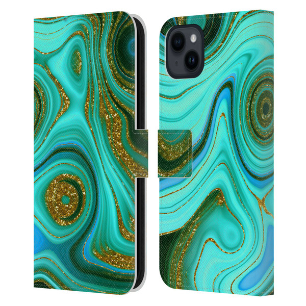 UtArt Malachite Emerald Liquid Gem Leather Book Wallet Case Cover For Apple iPhone 15 Plus