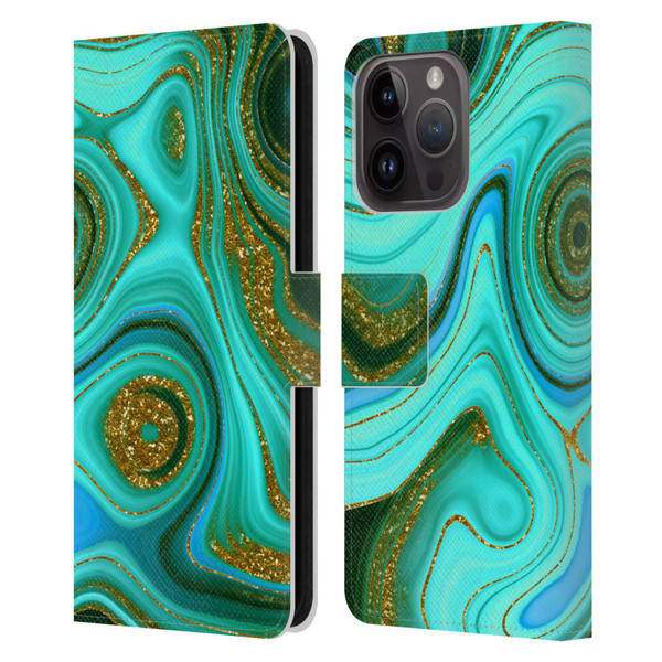 UtArt Malachite Emerald Liquid Gem Leather Book Wallet Case Cover For Apple iPhone 15 Pro