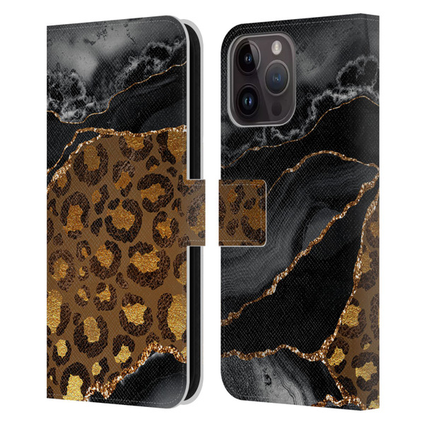 UtArt Wild Cat Marble Dark Gilded Leopard Leather Book Wallet Case Cover For Apple iPhone 15 Pro Max