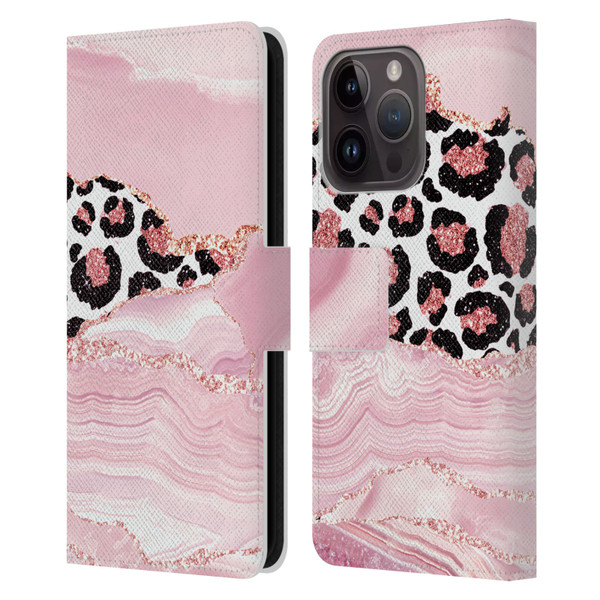 UtArt Wild Cat Marble Pink Glitter Leather Book Wallet Case Cover For Apple iPhone 15 Pro