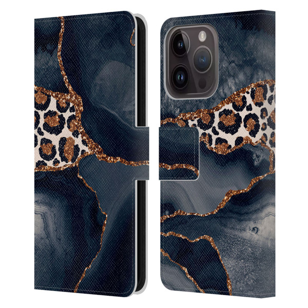 UtArt Wild Cat Marble Leopard Leather Book Wallet Case Cover For Apple iPhone 15 Pro