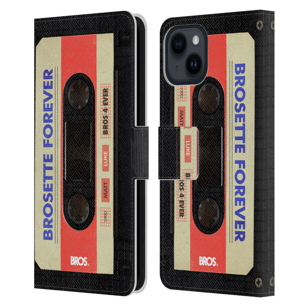 BROS Vintage Cassette Tapes Brosette Forever Leather Book Wallet Case Cover For Apple iPhone 15