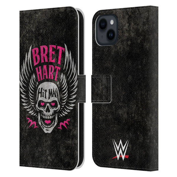 WWE Bret Hart Hitman Skull Leather Book Wallet Case Cover For Apple iPhone 15 Plus