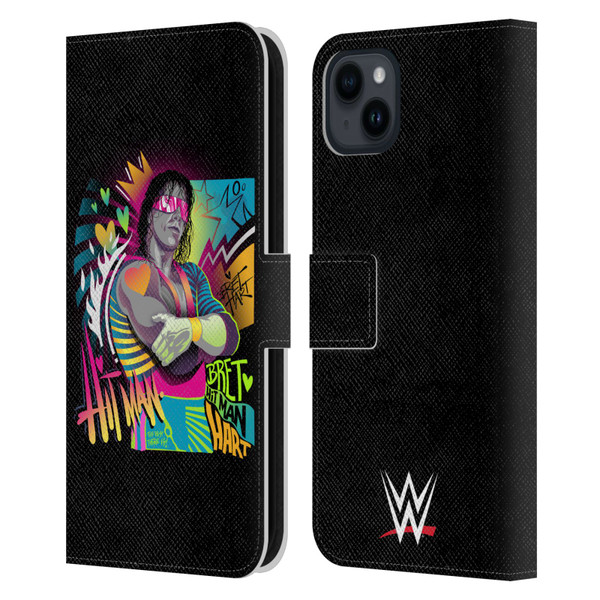 WWE Bret Hart Neon Art Leather Book Wallet Case Cover For Apple iPhone 15 Plus