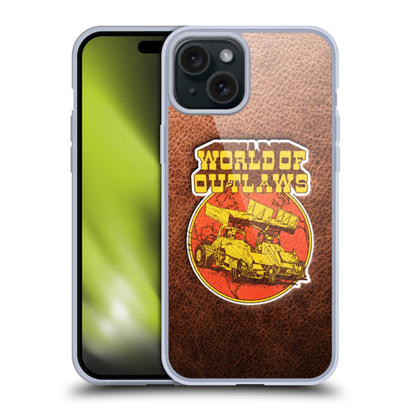 World of Outlaws Western Graphics Sprint Car Leather Print Soft Gel Case for Apple iPhone 15 Plus