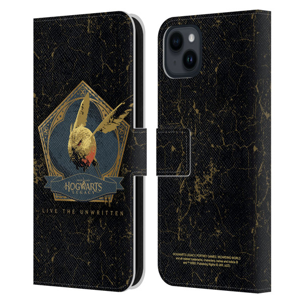 Hogwarts Legacy Graphics Golden Snidget Leather Book Wallet Case Cover For Apple iPhone 15 Plus