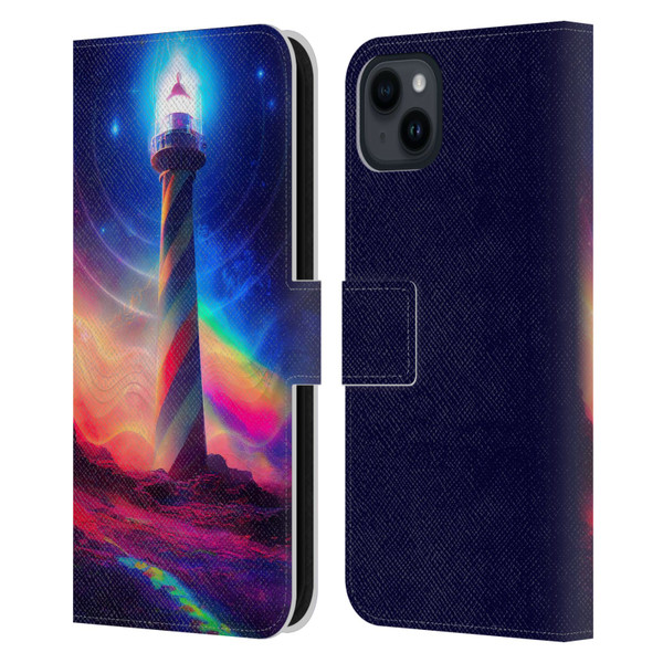 Wumples Cosmic Universe Lighthouse Leather Book Wallet Case Cover For Apple iPhone 15 Plus