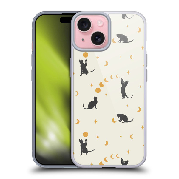 Episodic Drawing Pattern Cat And Moon Soft Gel Case for Apple iPhone 15