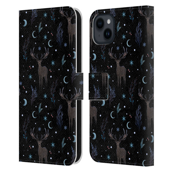 Episodic Drawing Art Winter Deer Pattern Leather Book Wallet Case Cover For Apple iPhone 15 Plus