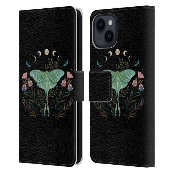 Episodic Drawing Illustration Animals Moth and Flowers Leather Book Wallet Case Cover For Apple iPhone 15