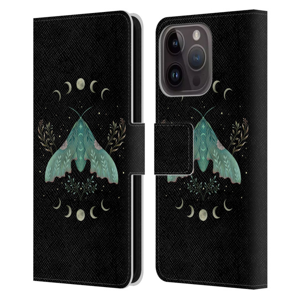 Episodic Drawing Illustration Animals Moon & Moth Leather Book Wallet Case Cover For Apple iPhone 15 Pro