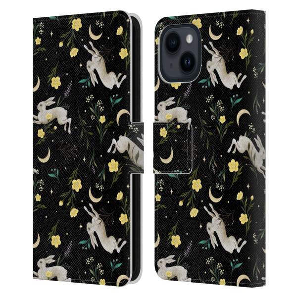 Episodic Drawing Pattern Bunny Night Leather Book Wallet Case Cover For Apple iPhone 15