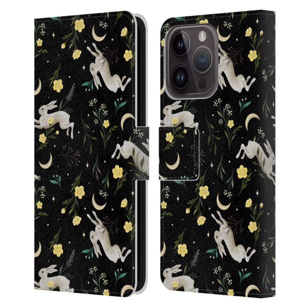 Episodic Drawing Pattern Bunny Night Leather Book Wallet Case Cover For Apple iPhone 15 Pro