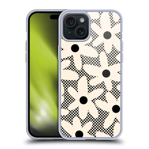 Kierkegaard Design Studio Retro Abstract Patterns Daisy Black Cream Dots Check Soft Gel Case for Apple iPhone 15 Plus