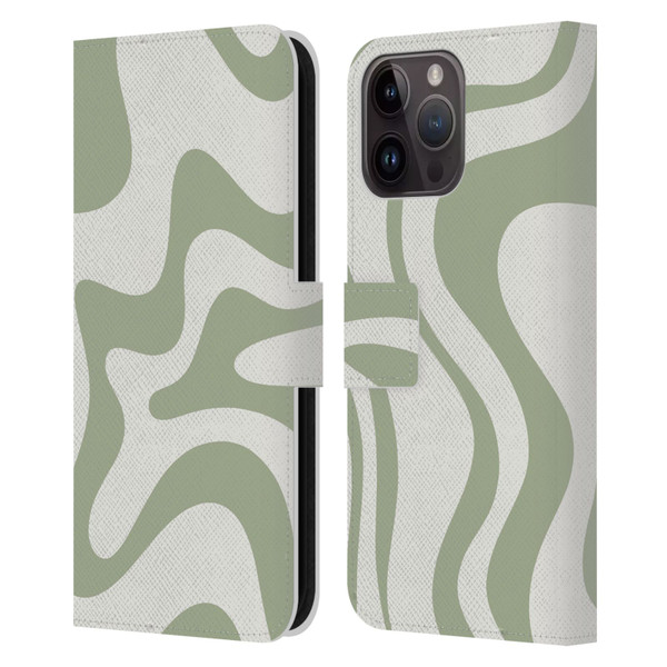 Kierkegaard Design Studio Art Retro Liquid Swirl Sage Green Leather Book Wallet Case Cover For Apple iPhone 15 Pro Max