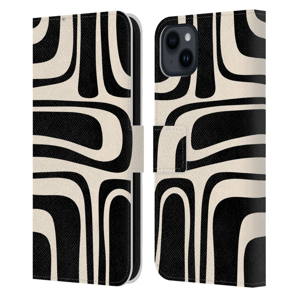 Kierkegaard Design Studio Retro Abstract Patterns Palm Springs Black Cream Leather Book Wallet Case Cover For Apple iPhone 15 Plus