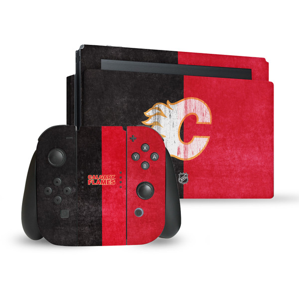 NHL Calgary Flames Half Distressed Vinyl Sticker Skin Decal Cover for Nintendo Switch Bundle