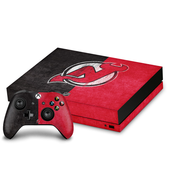 NHL New Jersey Devils Half Distressed Vinyl Sticker Skin Decal Cover for Microsoft Xbox One X Bundle
