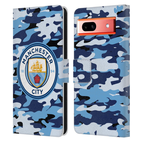 Manchester City Man City FC Badge Camou Blue Moon Leather Book Wallet Case Cover For Google Pixel 7a