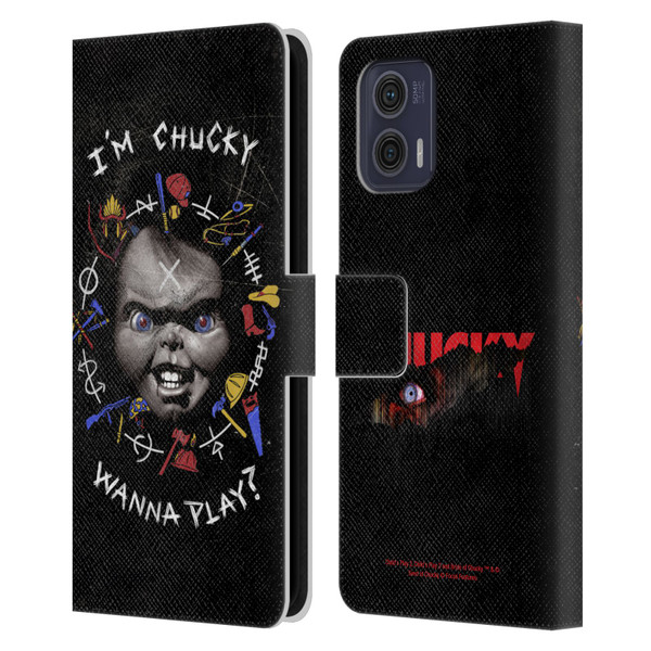 Child's Play Key Art Wanna Play Grunge Leather Book Wallet Case Cover For Motorola Moto G73 5G