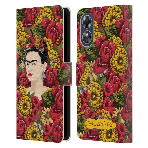 Frida Kahlo Red Florals Portrait Pattern Leather Book Wallet Case Cover For OPPO A17