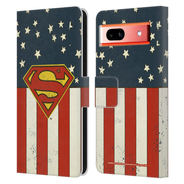 Superman DC Comics Logos U.S. Flag Leather Book Wallet Case Cover For Google Pixel 7a