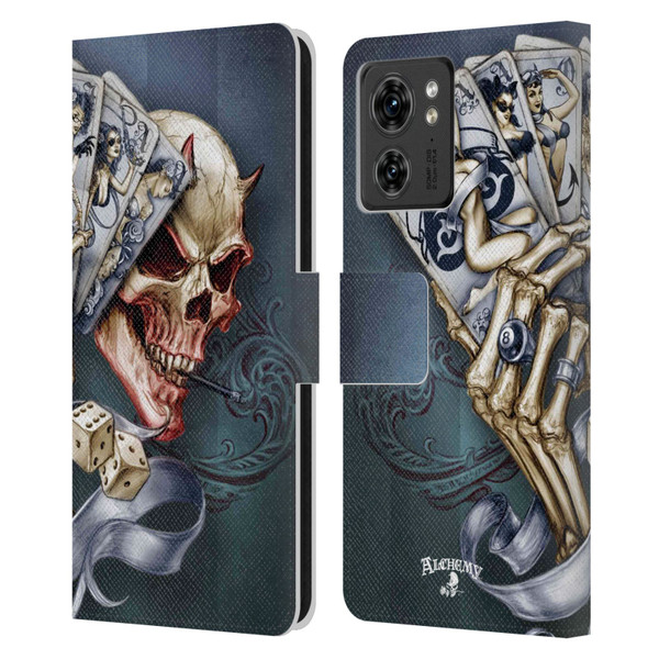 Alchemy Gothic Skull And Cards Read 'Em And Weep Leather Book Wallet Case Cover For Motorola Moto Edge 40
