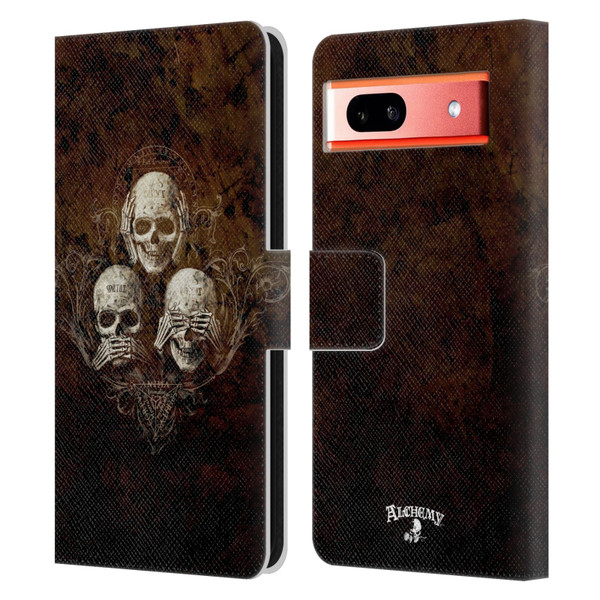 Alchemy Gothic Skull No Evil Three Skull Leather Book Wallet Case Cover For Google Pixel 7a