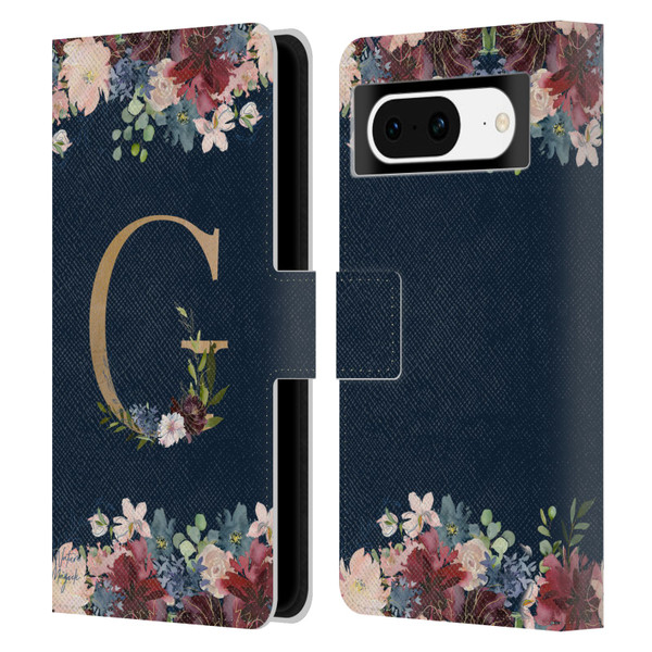 Nature Magick Floral Monogram Gold Navy Letter G Leather Book Wallet Case Cover For Google Pixel 8