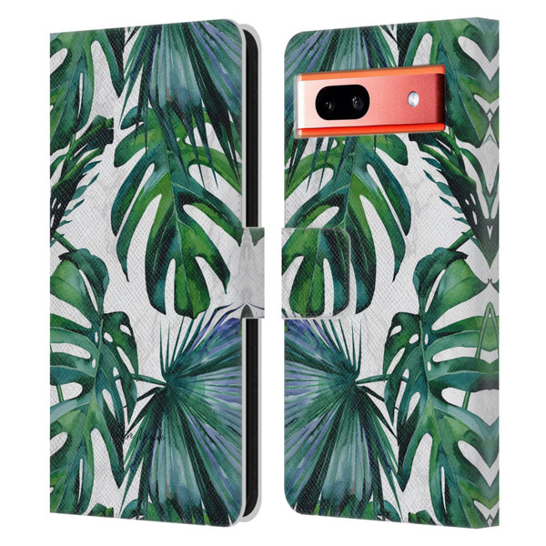 Nature Magick Tropical Palm Leaves On Marble Green Tropics Leather Book Wallet Case Cover For Google Pixel 7a
