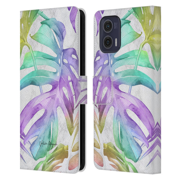 Nature Magick Tropical Palm Leaves On Marble Rainbow Leaf Leather Book Wallet Case Cover For Motorola Moto G73 5G