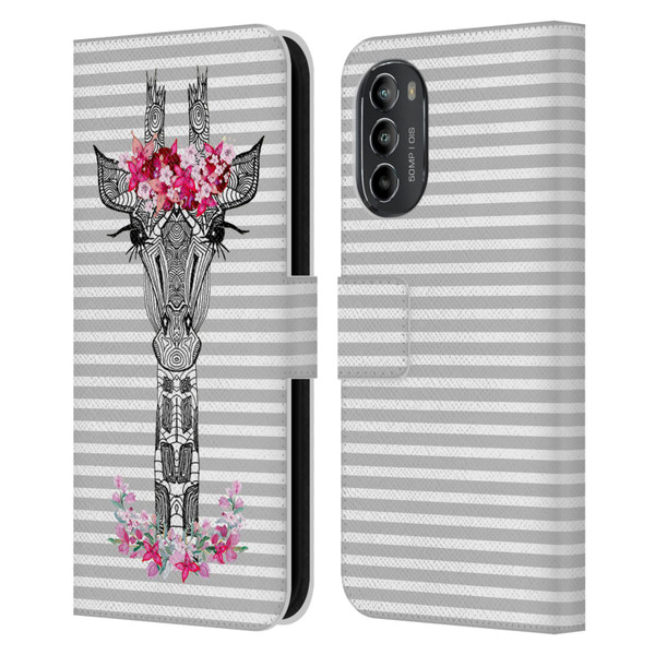 Monika Strigel Flower Giraffe And Stripes Grey Leather Book Wallet Case Cover For Motorola Moto G82 5G