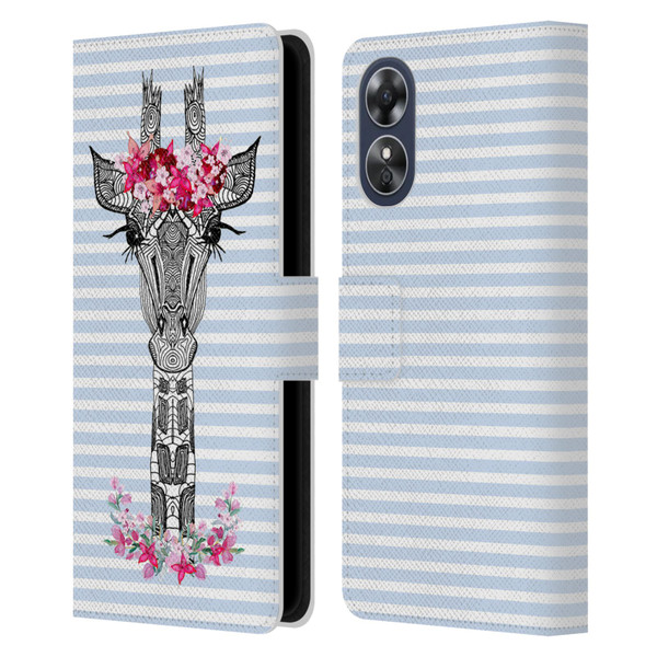 Monika Strigel Flower Giraffe And Stripes Blue Leather Book Wallet Case Cover For OPPO A17