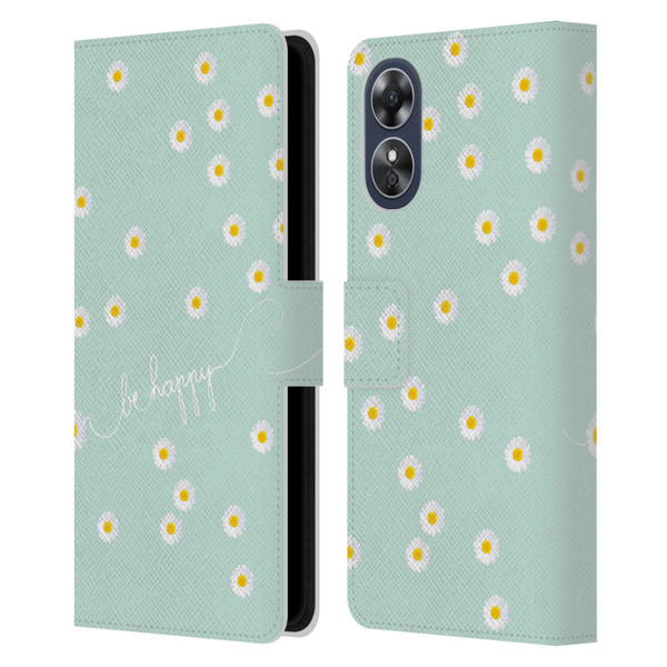 Monika Strigel Happy Daisy Mint Leather Book Wallet Case Cover For OPPO A17