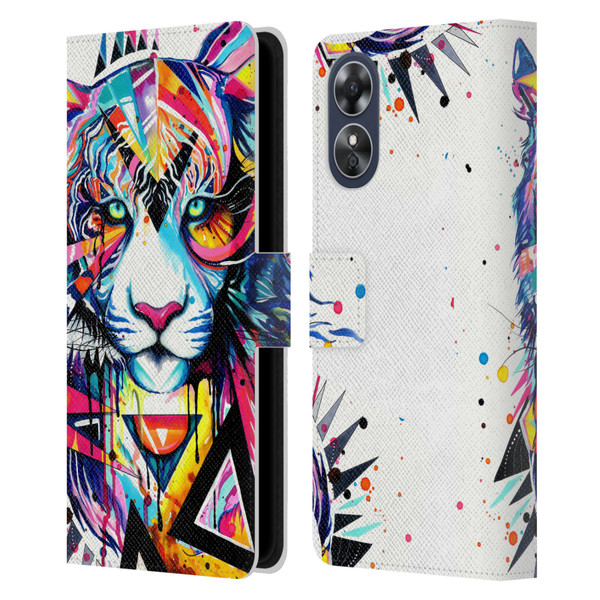 Pixie Cold Cats Shattered Tiger Leather Book Wallet Case Cover For OPPO A17