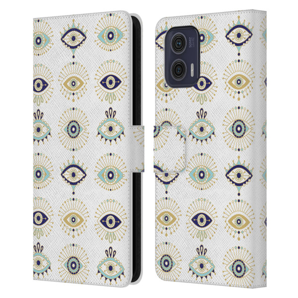 Cat Coquillette Linear White Evil Eyes Pattern Leather Book Wallet Case Cover For Motorola Moto G73 5G