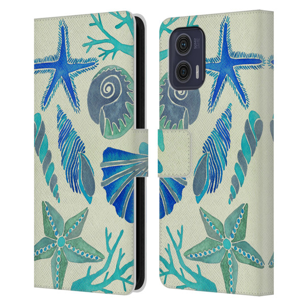 Cat Coquillette Sea Seashells Blue Leather Book Wallet Case Cover For Motorola Moto G73 5G